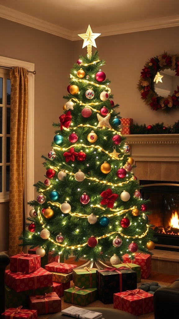 A festive Christmas tree decorated with lights and ornaments in a cozy living room setting.